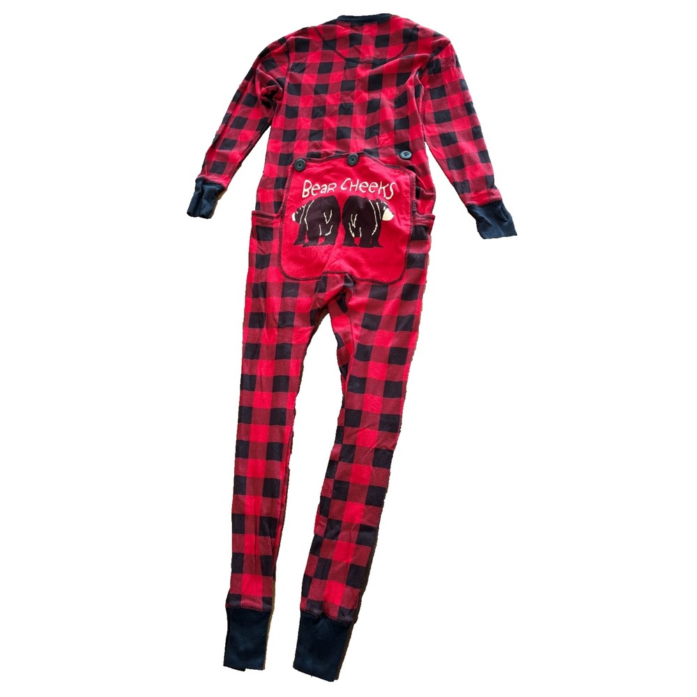 Lazy One Red And Black Buffalo Check one piece pjs Bear Cheeks XS Cotton jersey